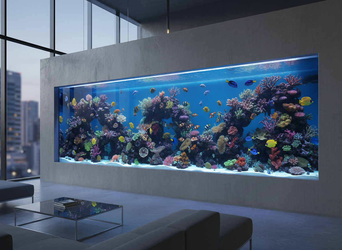 Large panoramic wall aquarium with tropical fish and coral reef in a modern glass office building lobby, blue LED lighting, no text