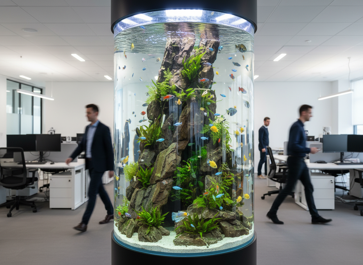 Freestanding island cylindrical aquarium in the center of a modern open plan office space with tropical fish, no text