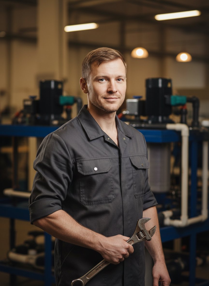 Professional Russian male aquarium technician engineer in his 30s wearing work uniform, confident portrait, no text