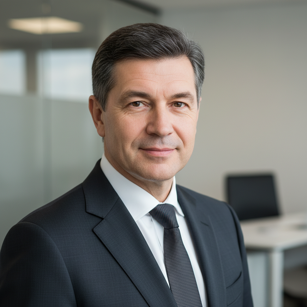 Russian male CEO in his 50s wearing business suit, professional portrait, no text