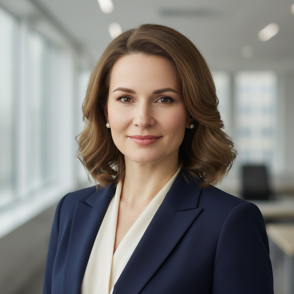 Russian female business woman in her 40s wearing elegant office attire, professional portrait, no text