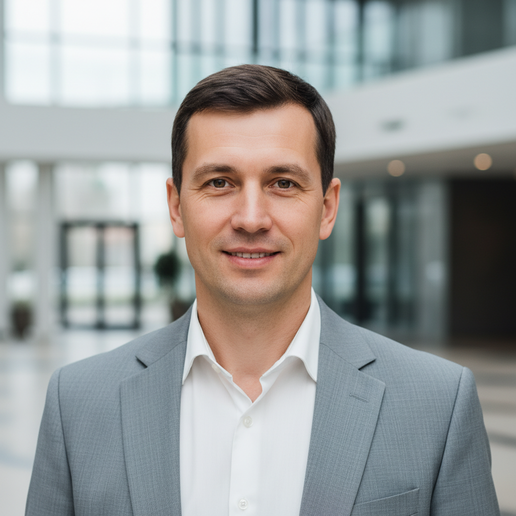 Russian male property manager in his 40s wearing smart business casual, professional portrait, no text