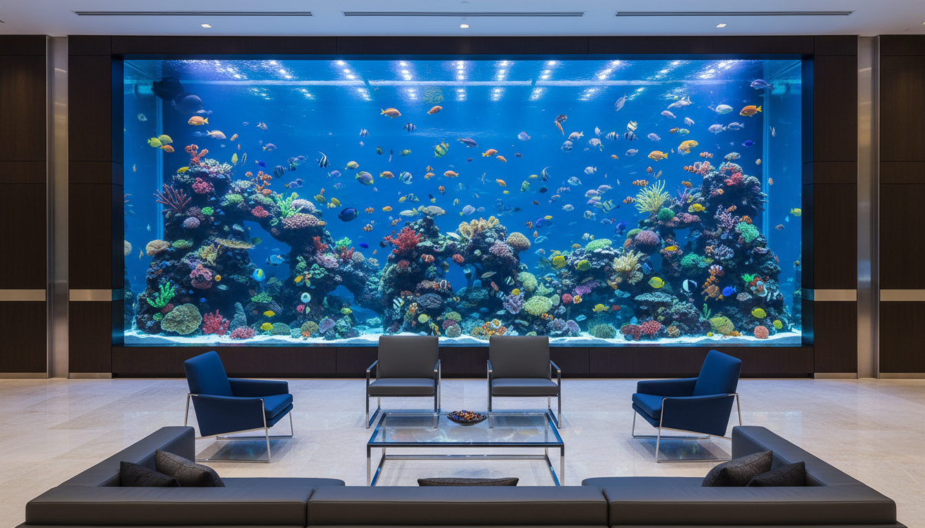 Huge panoramic aquarium with colorful tropical fish and LED lighting in a modern luxury office lobby, deep blue water, no text