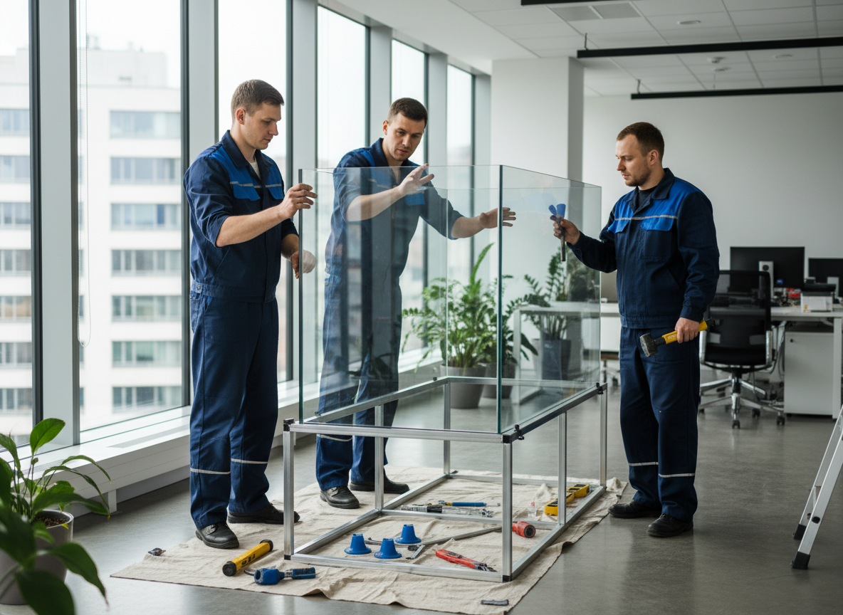 Professional aquarium installation team working on a large panoramic fish tank in a modern corporate office, bright clean environment, no text