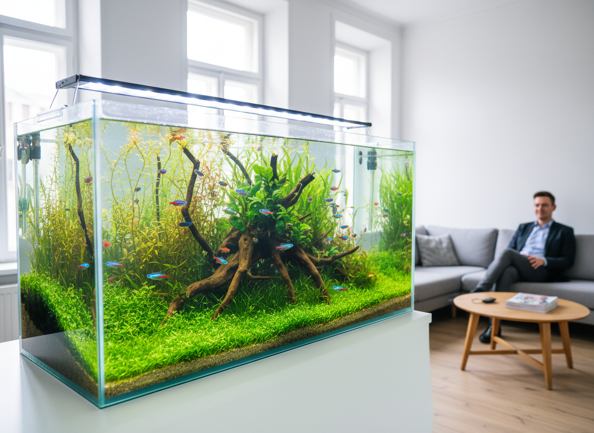 Beautiful large aquarium with tropical fish and live plants in a bright modern office environment, no text